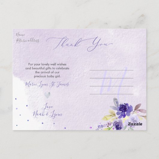 Baby shower Dank u Waterverf Violet Rozen Briefkaart (Achterkant)