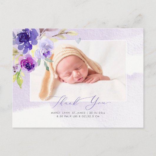 Baby shower Dank u Waterverf Violet Rozen Briefkaart (Voorkant)