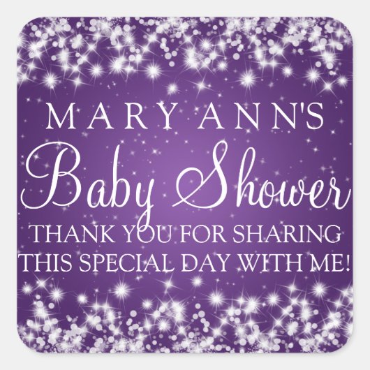 Baby shower Dank u Winter Sparkle Paarse Vierkante Sticker (Voorkant)