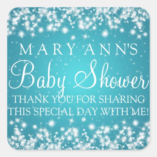 Baby shower Dank u Winter Sparkle Turquoise Vierkante Sticker (Voorkant)