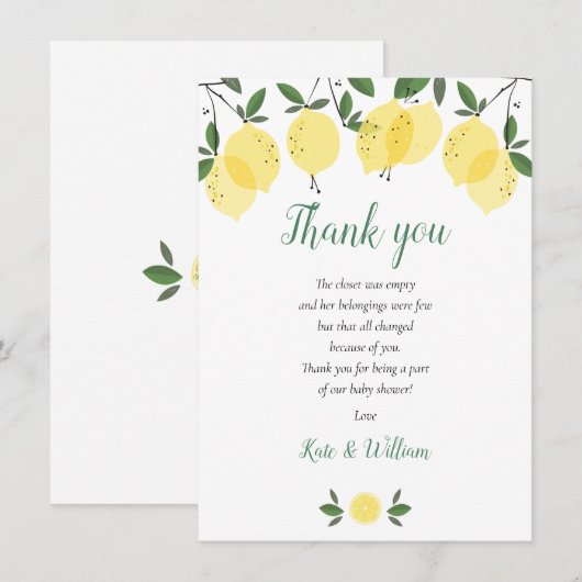 Baby Shower Dankgedicht Citroenen Bedankkaart (Voorkant / Achterkant)