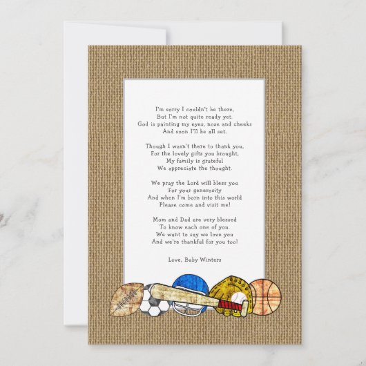 Baby shower Dankjewel Notities, rustieke sporten Kaart (Voorkant)