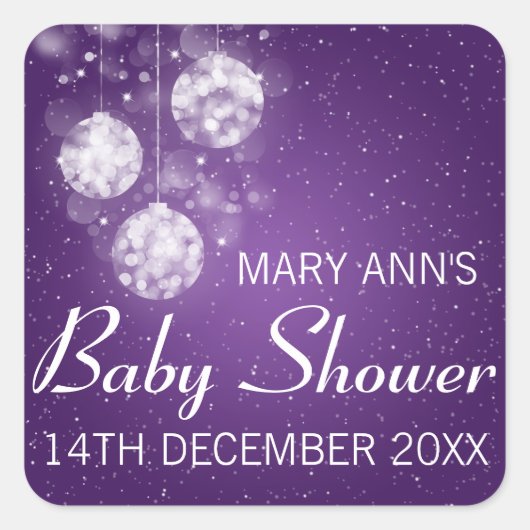 Baby shower Datum Feestelijke Baubles Paarse Vierkante Sticker (Voorkant)
