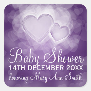 Baby shower Datum Modern Hearts Paarse Vierkante Sticker