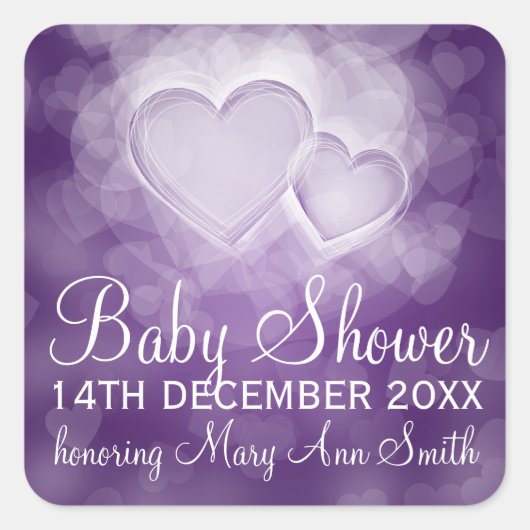 Baby shower Datum Modern Hearts Paarse Vierkante Sticker (Voorkant)
