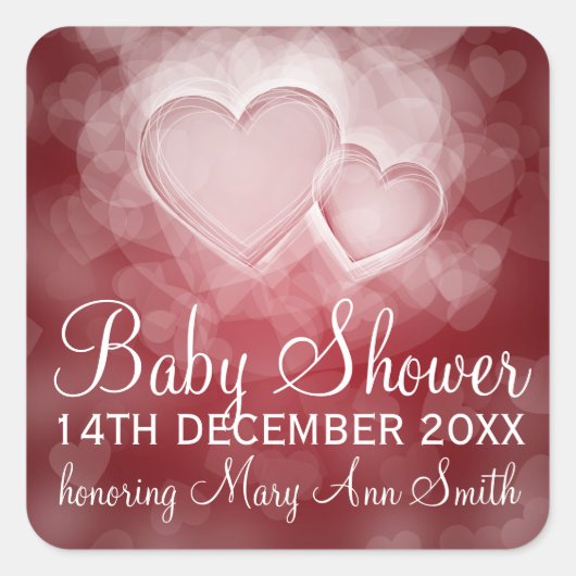 Baby shower Datum Modern Hearts Rood Vierkante Sticker (Voorkant)