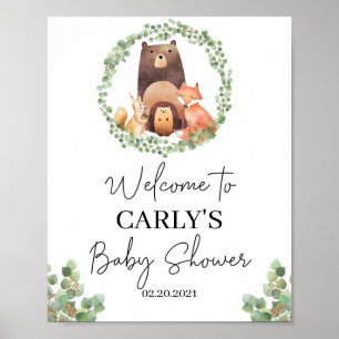 Baby shower Decor Woodland animals Welcome sign Poster