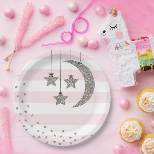 baby shower decoratie zwarte roze zilverglitter papieren bordje (Feest)