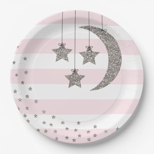 baby shower decoratie zwarte roze zilverglitter papieren bordje (Voorkant)