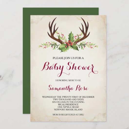 Baby shower Deer Antler - Uitnodiging - Kerstmis (Voorkant / Achterkant)