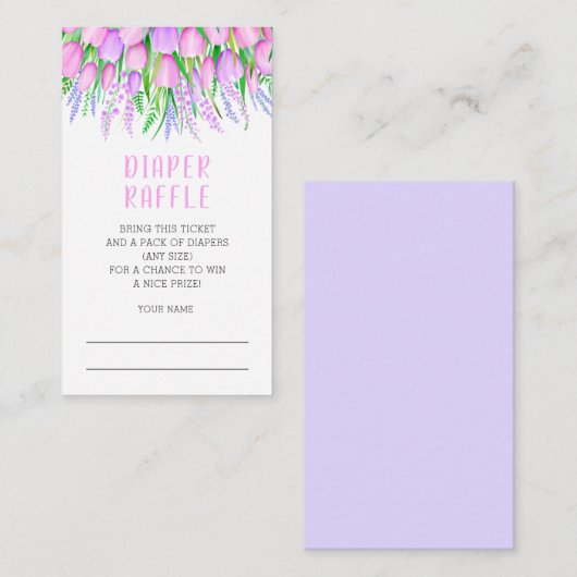 Baby shower Diaper Raffle Floral Lavender Tulips Informatiekaartje (Voorkant / Achterkant)