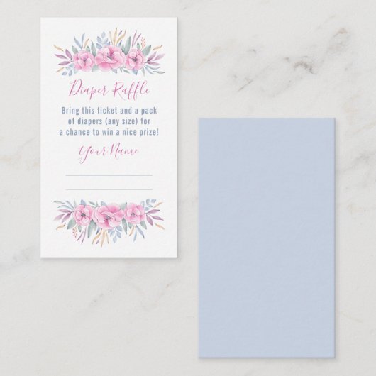 Baby shower Diaper Raffle Pink Flowers Waterverf Informatiekaartje (Voorkant / Achterkant)