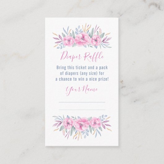 Baby shower Diaper Raffle Pink Flowers Waterverf Informatiekaartje (Voorkant)