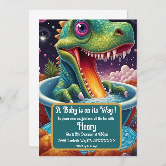 Baby shower Dino-Mite party design Kaart (Voorkant / Achterkant)