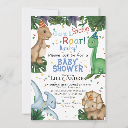 Baby shower Dinosaurs | Stomp Chomp Roar! Kaart (Voorkant)