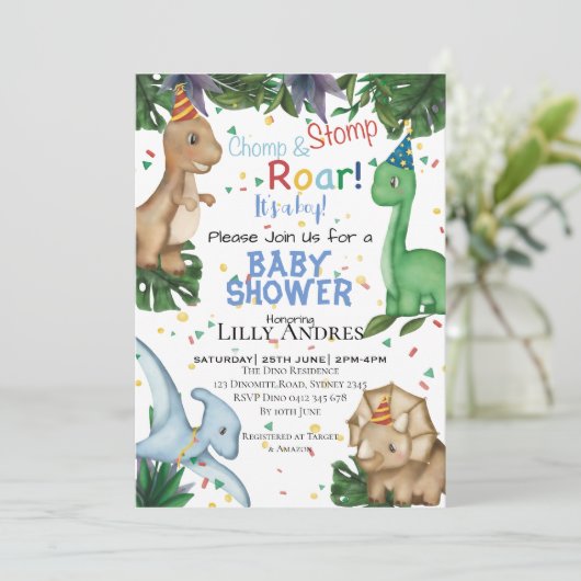 Baby shower Dinosaurs | Stomp Chomp Roar! Kaart (Staand voorkant)