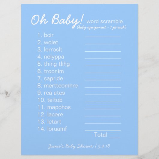 Baby shower DIY - Word Scramble Game - blauw (Voorkant)