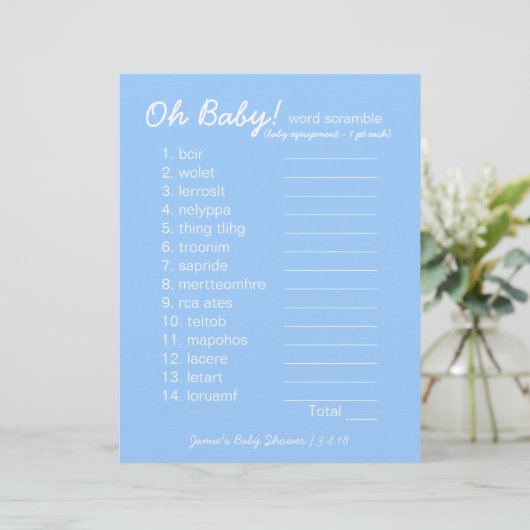 Baby shower DIY - Word Scramble Game - blauw (Staand voorkant)