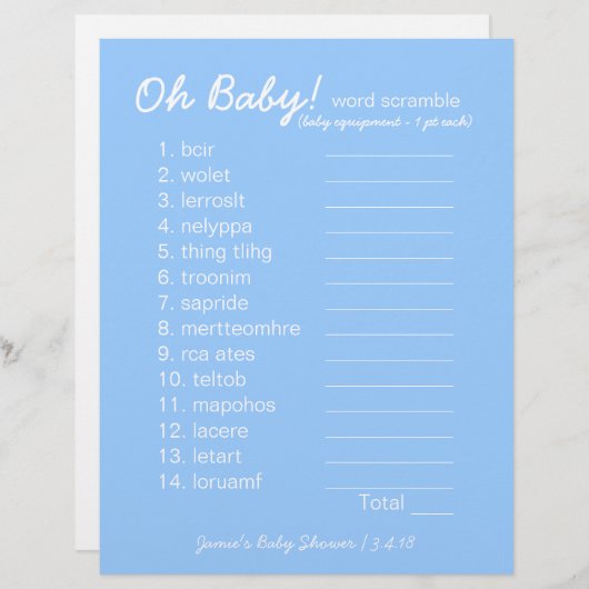 Baby shower DIY - Word Scramble Game - blauw (Voorkant / Achterkant)