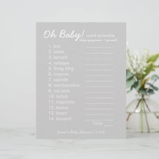Baby shower DIY - Word Scramble Game - grijs (Staand voorkant)