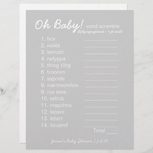 Baby shower DIY - Word Scramble Game - grijs (Voorkant / Achterkant)