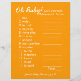 Baby shower DIY - Word Scramble Game - oranje