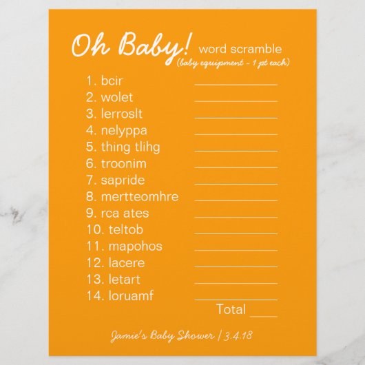 Baby shower DIY - Word Scramble Game - oranje (Voorkant)