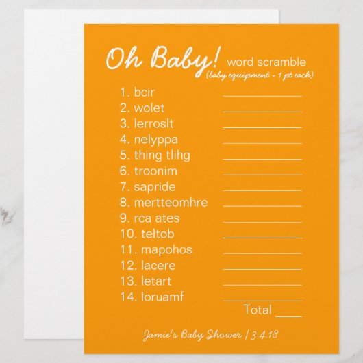 Baby shower DIY - Word Scramble Game - oranje (Voorkant / Achterkant)