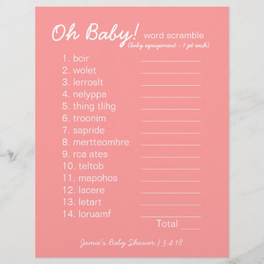 Baby shower DIY - Word Scramble Game - roze (Voorkant)