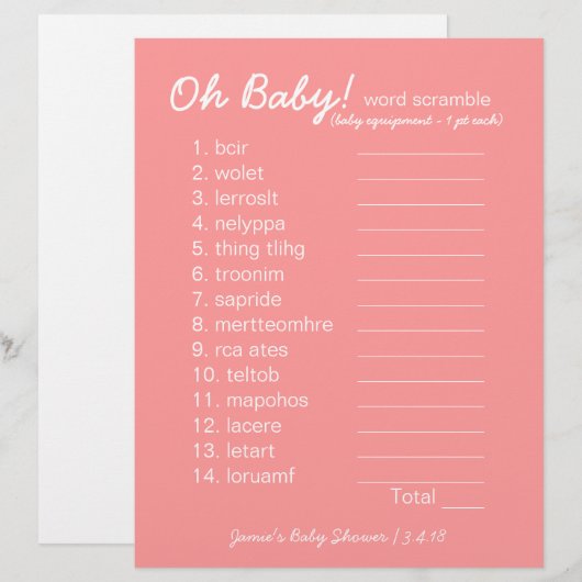 Baby shower DIY - Word Scramble Game - roze (Voorkant / Achterkant)