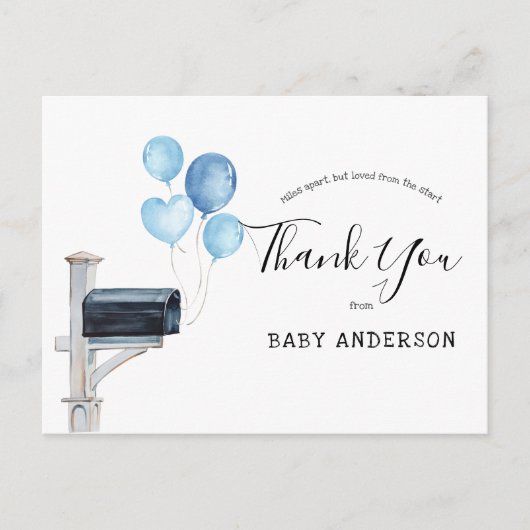Baby shower door Mail Blue Balloons Bedankt Briefkaart (Voorkant)