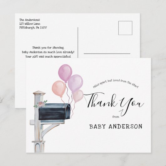 Baby shower door Postroze ballonnen Hartelijk dank Briefkaart (Voorkant / Achterkant)