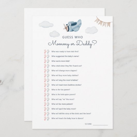 Baby shower Downloadbare Raad Wie Game Kaart (Voorkant / Achterkant)