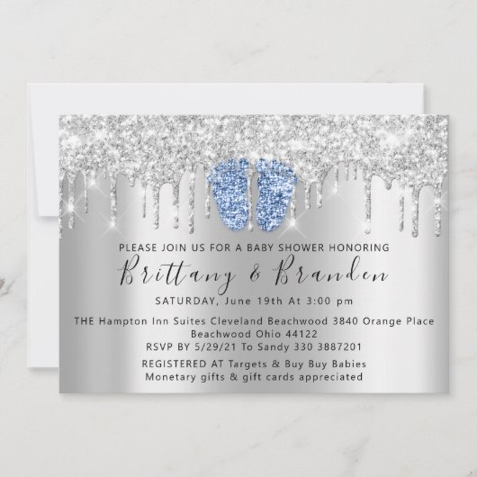 Baby shower drijft glazen blauwe voet Silver Invit Kaart (Voorkant)