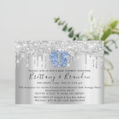 Baby shower drijft glazen blauwe voet Silver Invit Kaart (Staand voorkant)