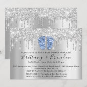 Baby shower drijft glazen blauwe voet Silver Invit Kaart (Voorkant / Achterkant)