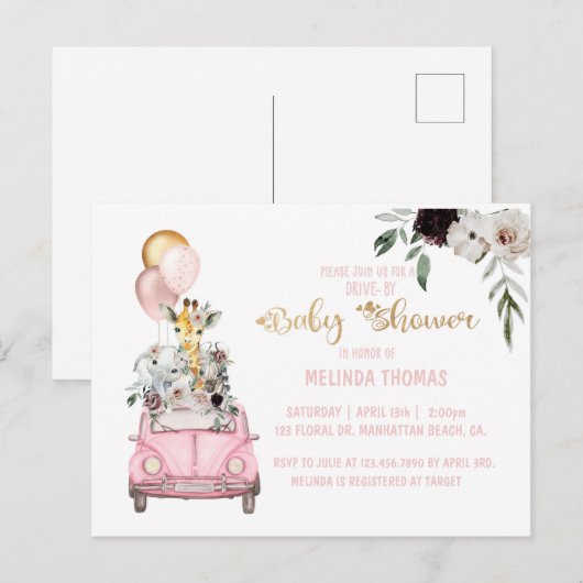 Baby shower, drive-by Baby shower, safari Invitat Briefkaart (Voorkant / Achterkant)
