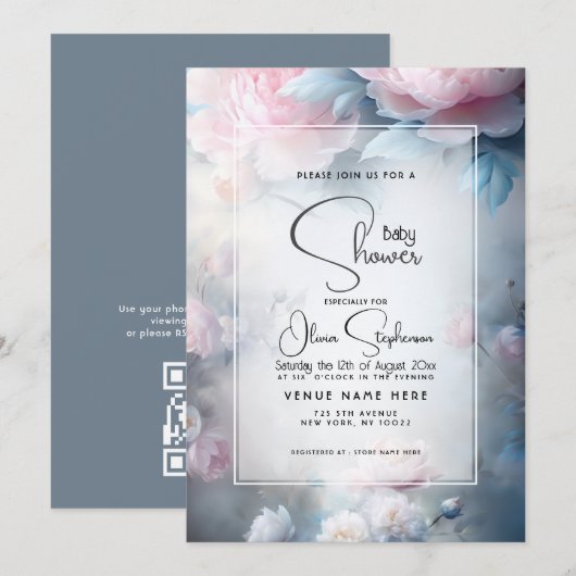 Baby shower- dromerige roze pioen bloemig kaart (Voorkant / Achterkant)