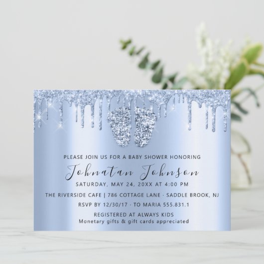 Baby shower droogt blauw schoolmeisje met glitter kaart (Staand voorkant)