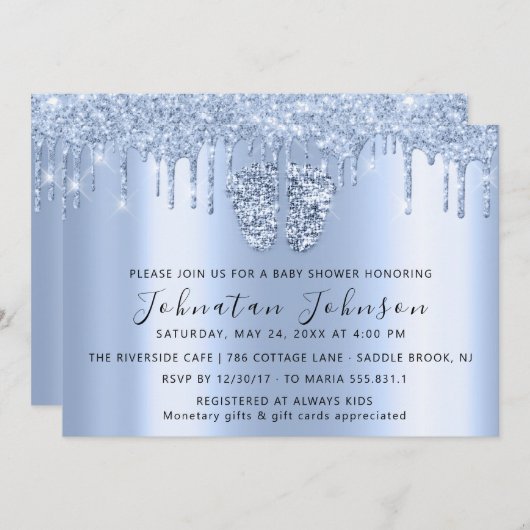 Baby shower droogt blauw schoolmeisje met glitter kaart (Voorkant / Achterkant)