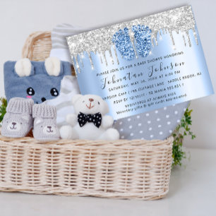 Baby shower droogt Glitter Blue Feet Grey Boy Girl Kaart