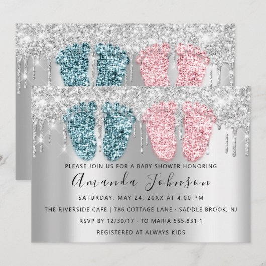Baby shower druppelt zilveren FeetTwins Boy Girl P Kaart (Voorkant / Achterkant)