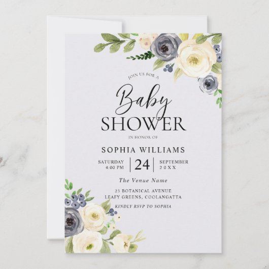 Baby shower "Dusty Blue Floral Navy Boys" Kaart (Voorkant)