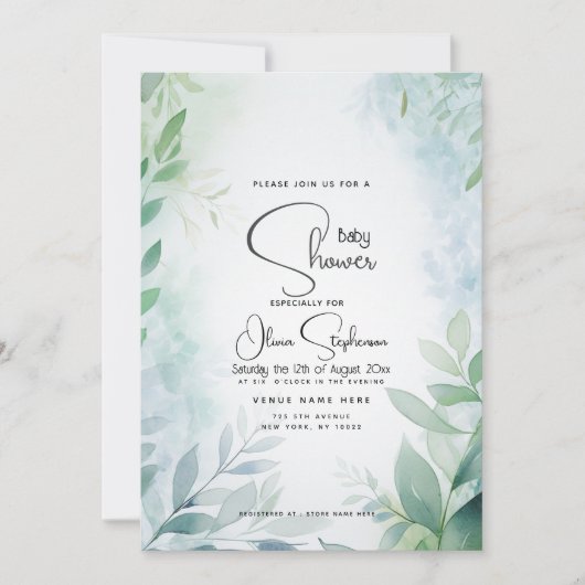 Baby shower- Dusty Blue Leafy QR Kaart (Voorkant)