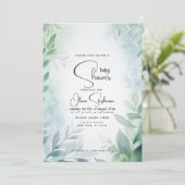 Baby shower- Dusty Blue Leafy QR Kaart (Staand voorkant)