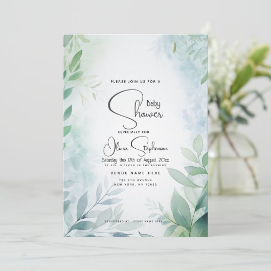 Baby shower- Dusty Blue Leafy QR Kaart (Staand voorkant)