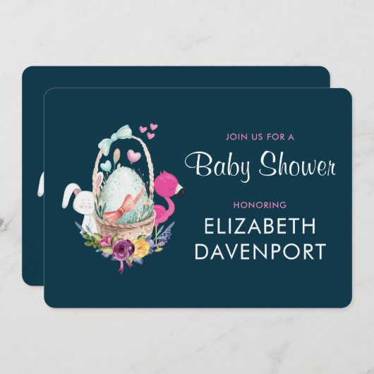 Baby shower Egg Nesting w/Flamingo & Bunny Kaart (Voorkant / Achterkant)