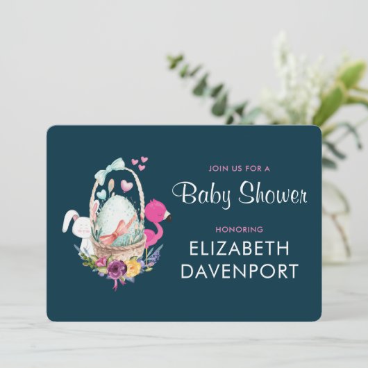 Baby shower Egg Nesting w/Flamingo & Bunny Kaart (Staand voorkant)