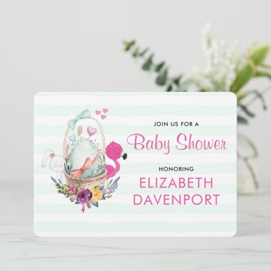 Baby shower Egg Nesting w/Flamingo & Bunny Kaart (Staand voorkant)