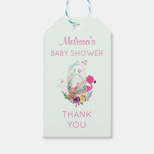 Baby shower Egg w / Flamingo & Bunny Dank u Cadeaulabel (Voorkant)